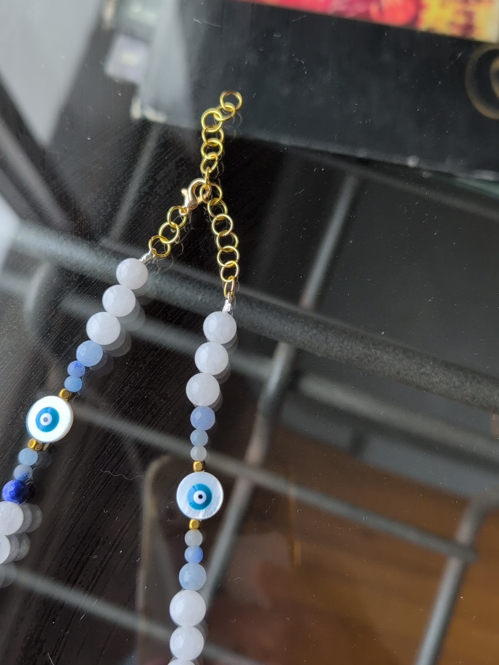 Handmade Blue advetureine and White Quartz Beaded Evil Eye Charm Necklace - Picture 4 of 5